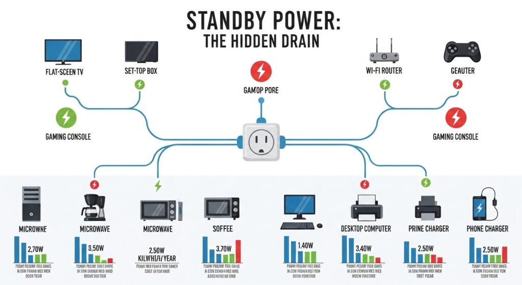 TV와 셋톱박스, 공유기 등 대기전력을 소비하는 전자기기를 모은 인포그래픽