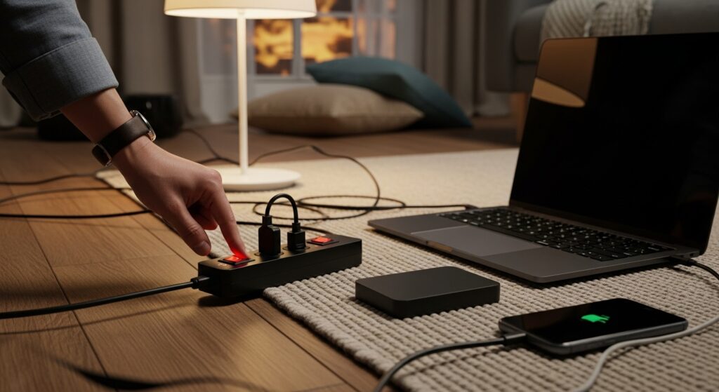 거실에서 멀티탭 전원 스위치를 내리는 손과 주변 전자기기 모습