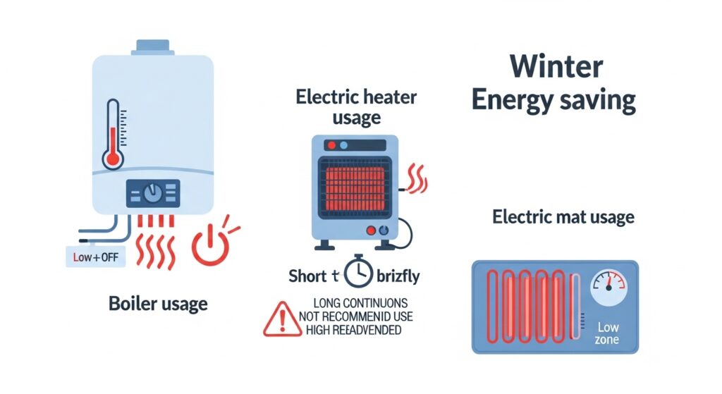 겨울 난방비 절약을 위한 보일러·전기히터·전기장판 사용 패턴 인포그래픽