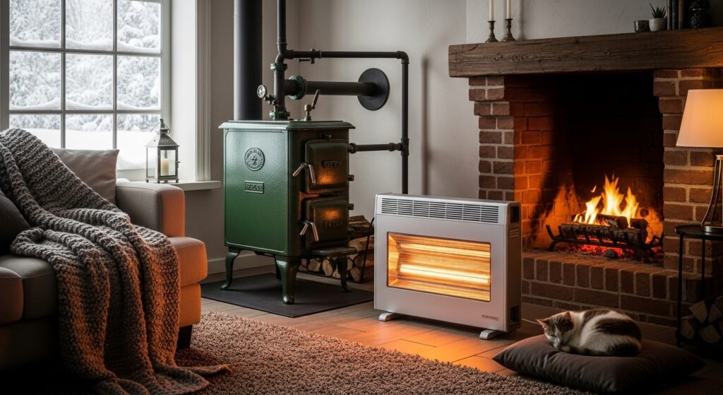 겨울철 거실에서 보일러와 전기히터를 함께 사용하는 모습