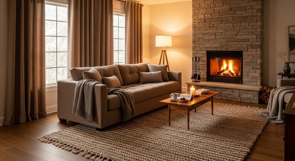 겨울철 난방 효율을 고려해 소파와 테이블을 배치한 거실 모습