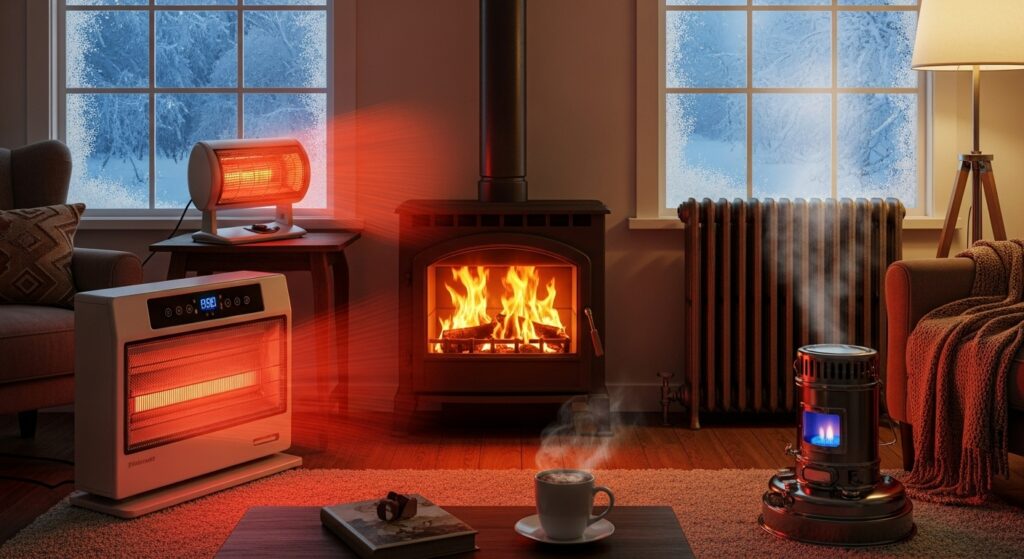 겨울철 난방기기 여러 대를 동시에 사용하는 장면