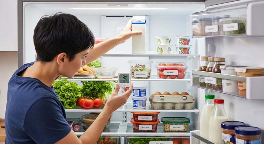 냉장고 음식 정리 및 온도 확인하는 모습