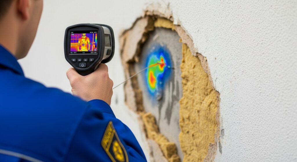 단열 상태를 점검하며 벽면 결로를 확인하는 모습