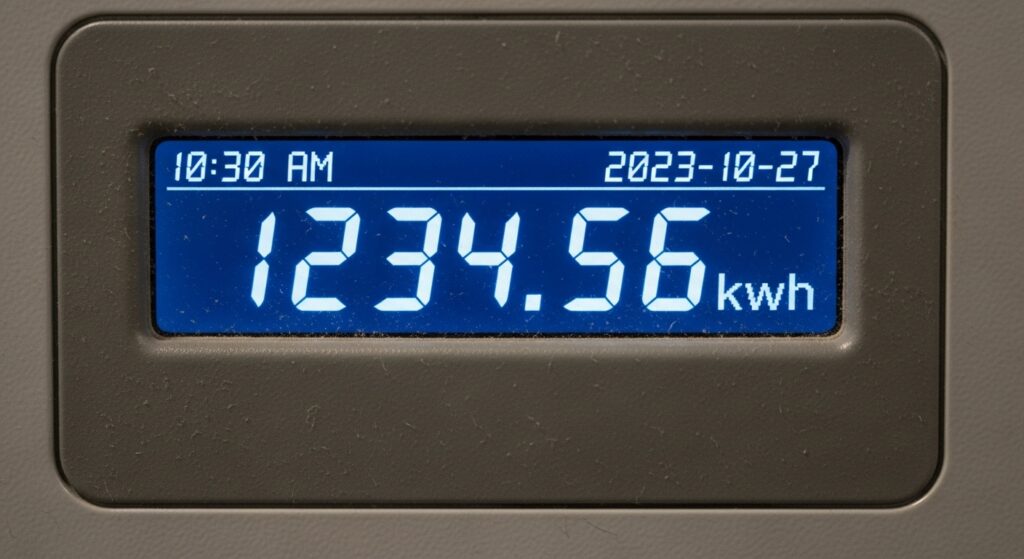 디지털 전기계량기 화면에 kWh 숫자가 표시된 모습