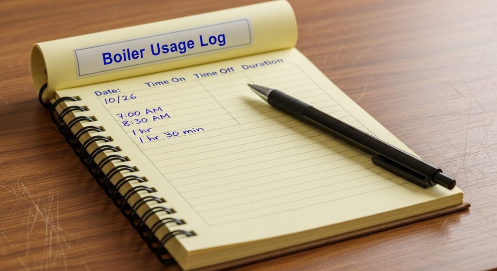 보일러 사용 시간을 메모장에 간단히 기록하는 모습