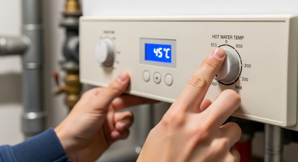 보일러 조작부에서 온수 온도를 조절하는 모습