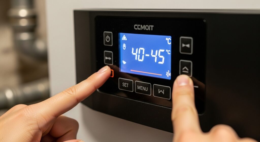 보일러 조절부에서 난방 온도를 40~45도로 조정하는 모습