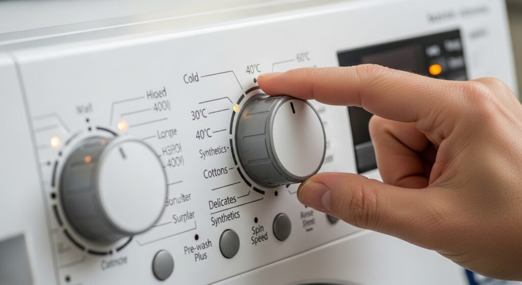 세탁기 조작 패널에서 온도와 세탁 모드를 설정하는 모습