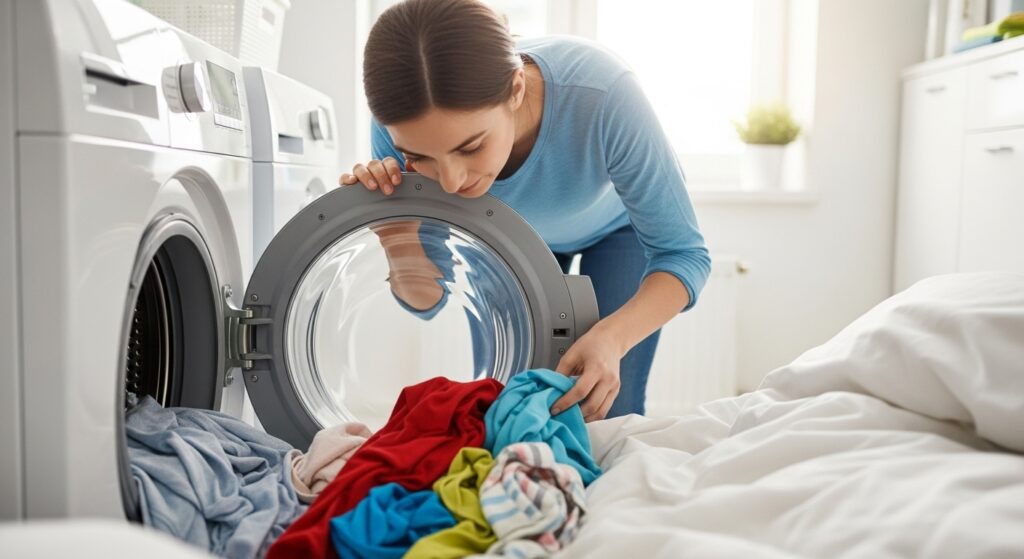 세탁기에서 세탁물을 꺼내 건조기로 옮기기 전 탈수 상태를 확인하는 모습