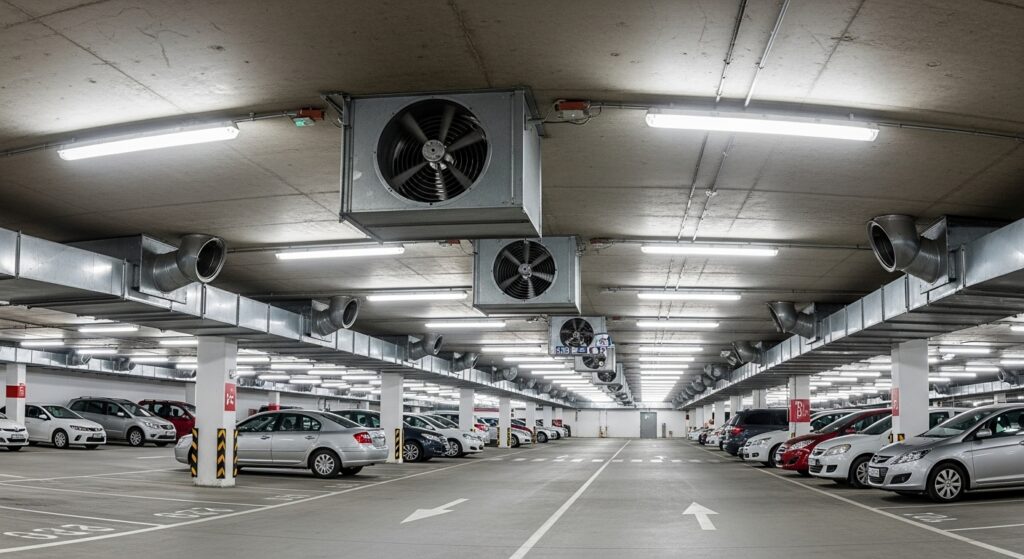 아파트 지하주차장의 공용 조명과 환기 시설이 작동 중인 모습