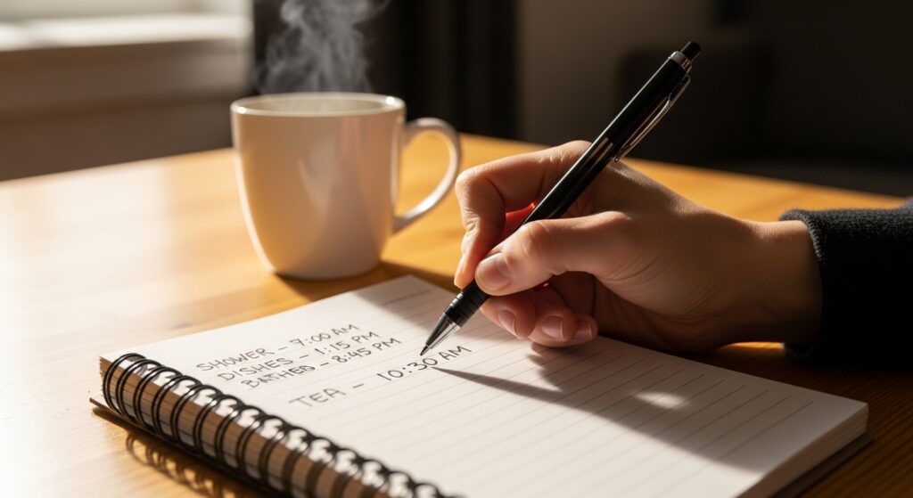 온수 사용 시간을 메모에 기록하는 모습