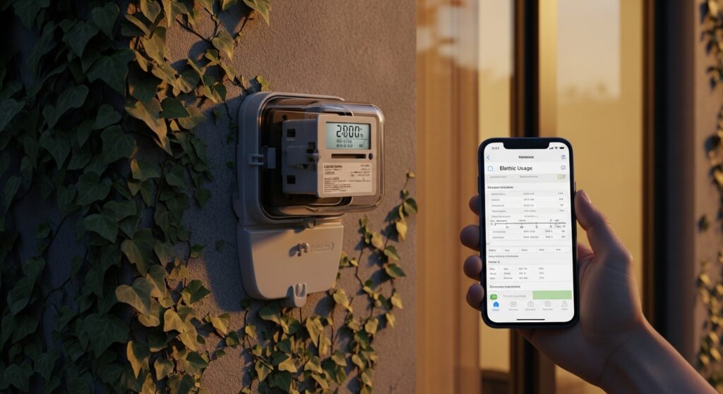 전기 계량기로 가정의 전기 사용량을 확인하는 장면