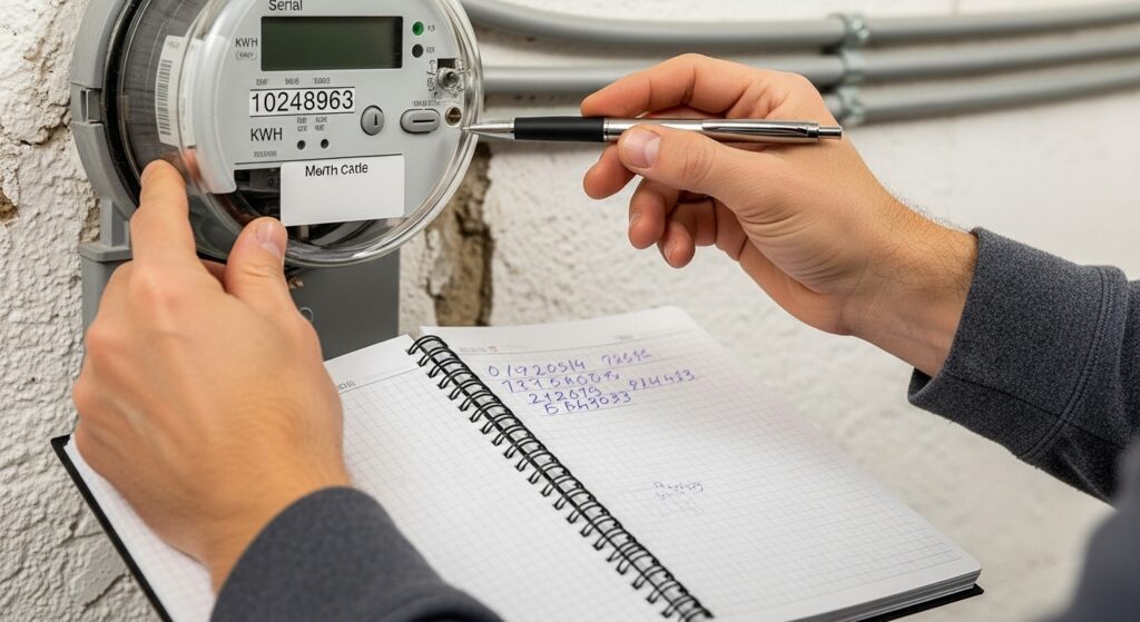 전기계량기 숫자를 확인하며 노트에 kWh를 기록하는 모습