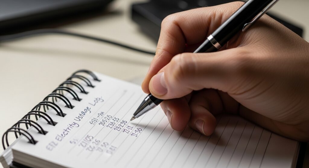 전기사용 시간을 메모장에 기록하는 모습