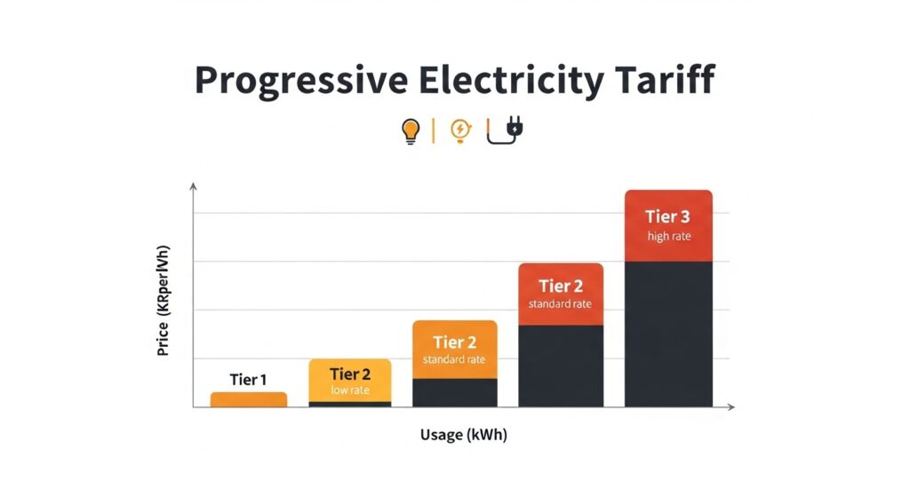 전기요금 누진제 구간별 단가가 계단식으로 올라가는 그래프 인포그래픽