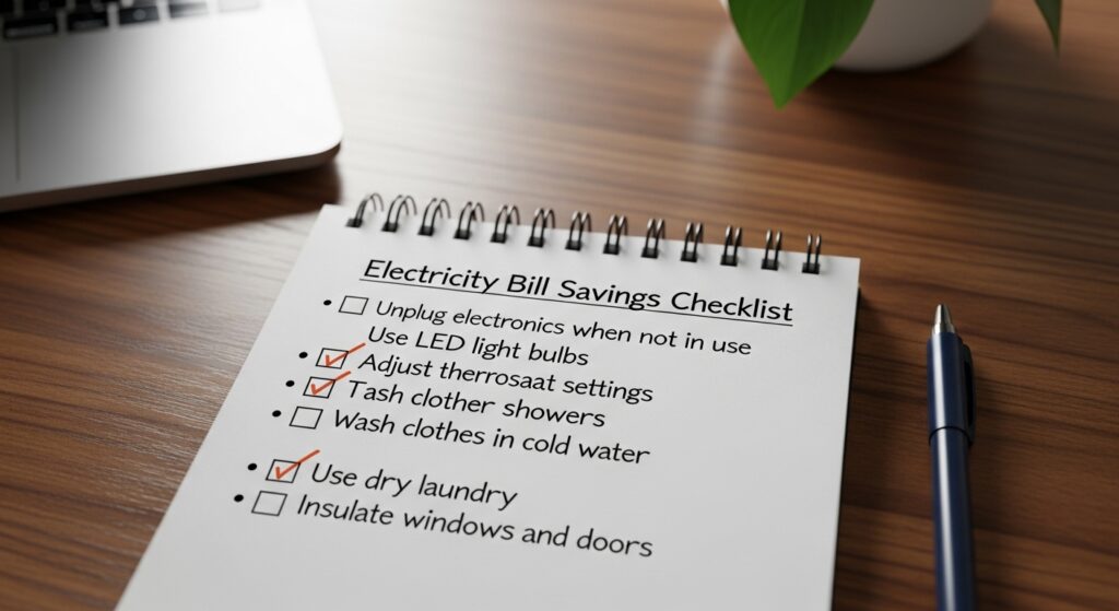전기요금 절약 체크리스트를 메모장에 손글씨로 적어 책상 위에 올려둔 모습