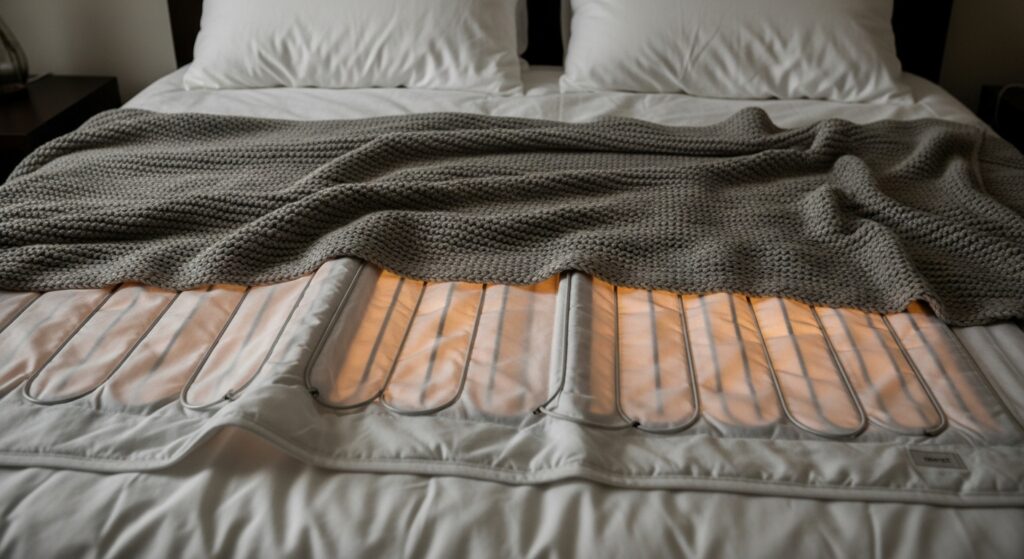 전기장판 위에 이불을 덮어 열 손실을 줄이는 모습