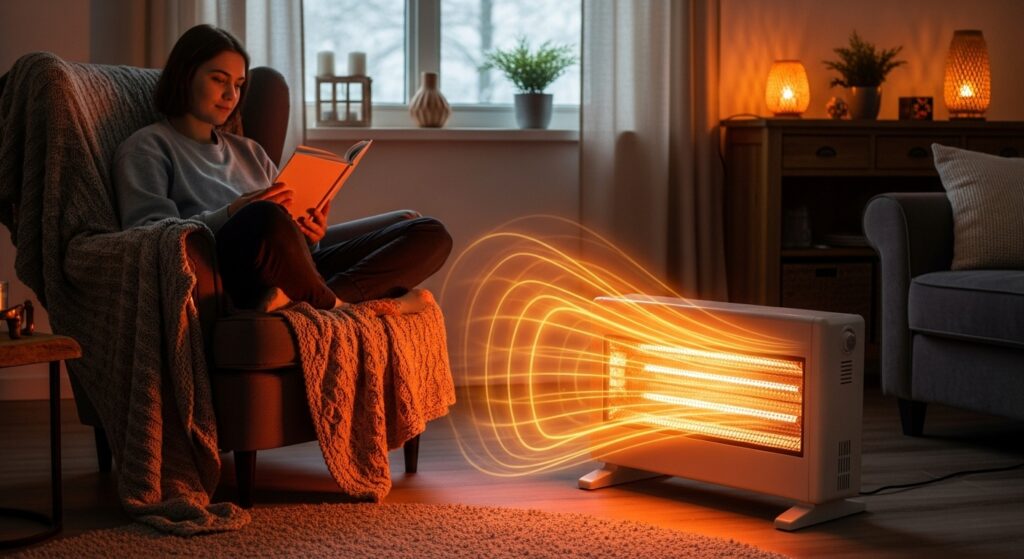 전기히터가 사람 주변을 중심으로 따뜻한 공기를 만드는 장면