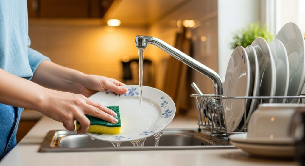주방에서 설거지하며 물 사용을 조절하는 모습