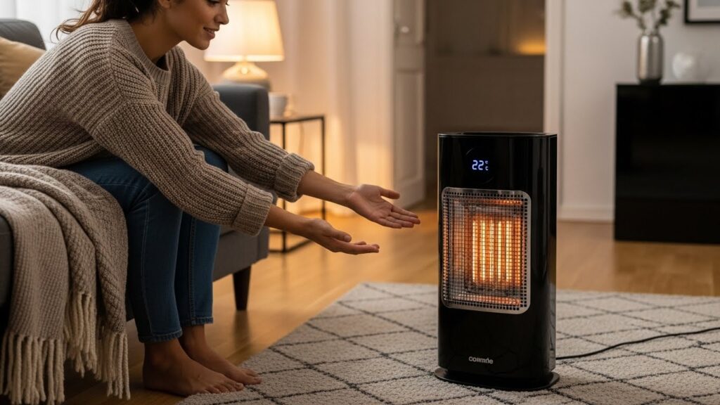 전기 히터를 사용하고 있는 여성 실사 이미지
