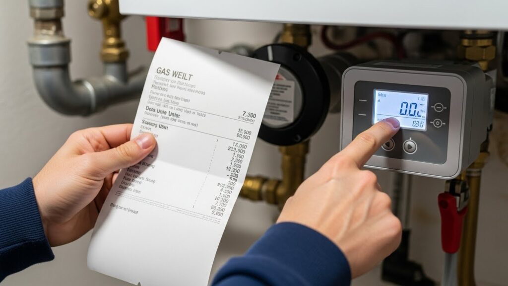 가스보일러 조절기와 가스요금 고지서를 비교하며 사용량을 확인하는 실사 이미지