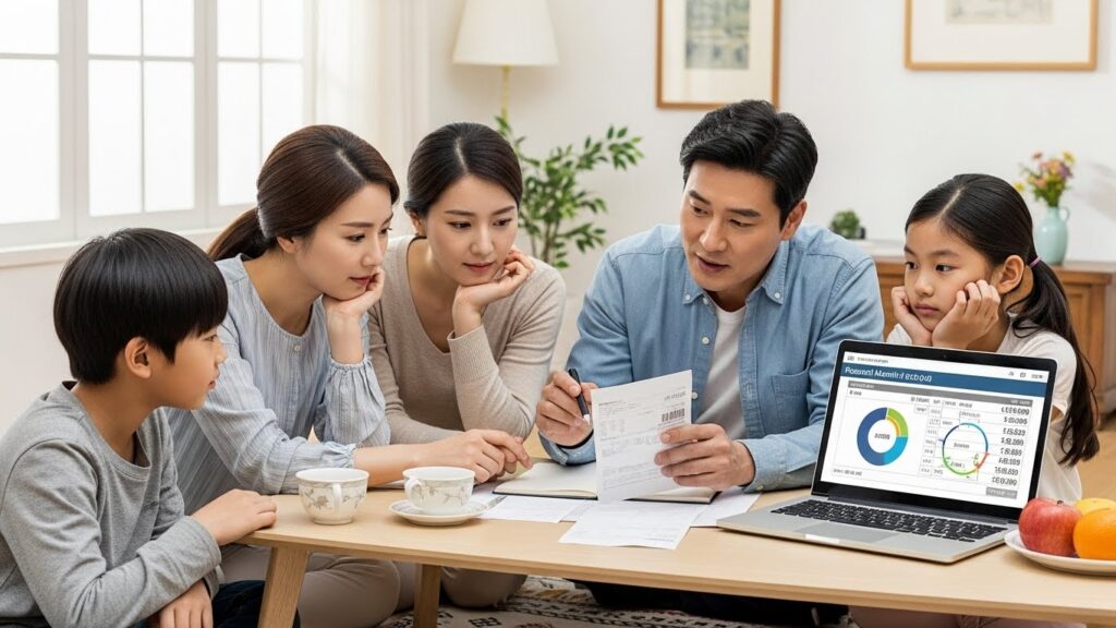 가정에서 전기요금 고지서를 확인하며 사용량과 요금을 비교하는 실사 이미지