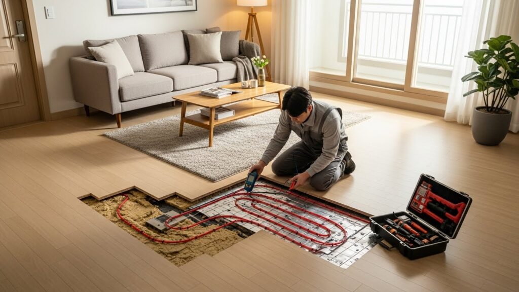 거실 바닥난방 상태를 확인하며 문을 닫아 난방 공간을 좁히는 실사 이미지