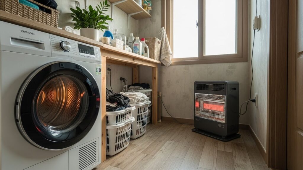 건조기와 전기히터 따로 사용하는 실사 이미지