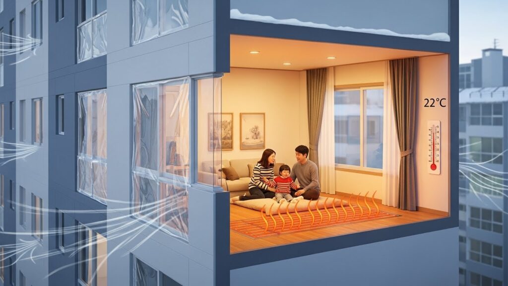 겨울 외풍 차단 후 난방 효율이 상승하는 구조를 표현한 이미지