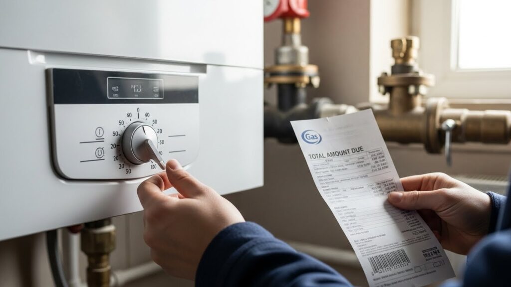 겨울철 가스요금 고지서를 확인하며 보일러 온도 설정을 점검하는 실사 이미지