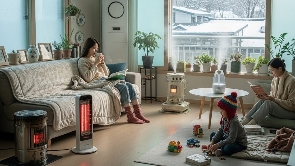 겨울철 가정에서 여러 전열기기를 사용하는 실내 환경 실사 이미지