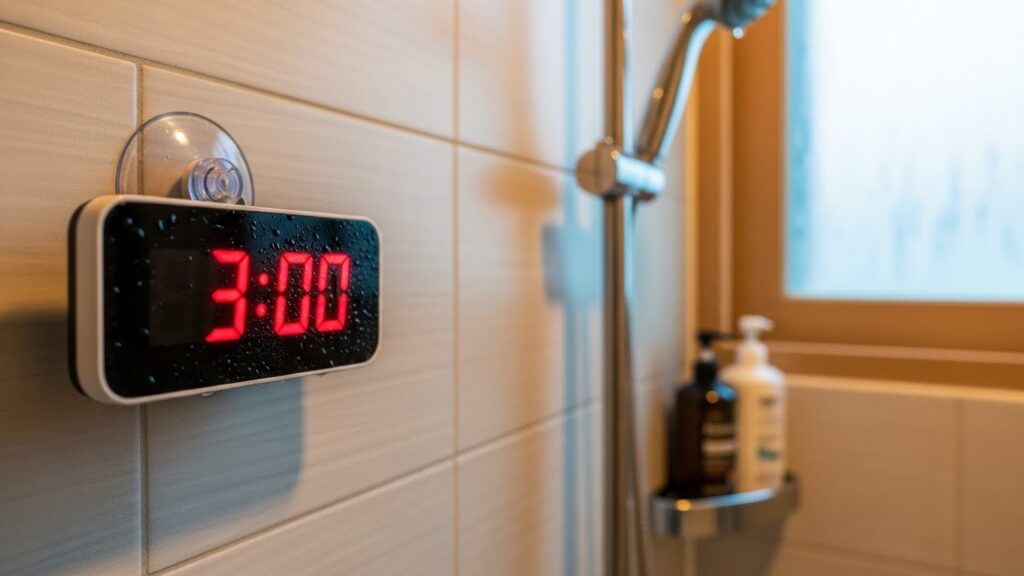 겨울철 샤워 시간과 온수 사용 습관을 줄이기 위해 욕실 타이머를 설정하는 실사 이미지
