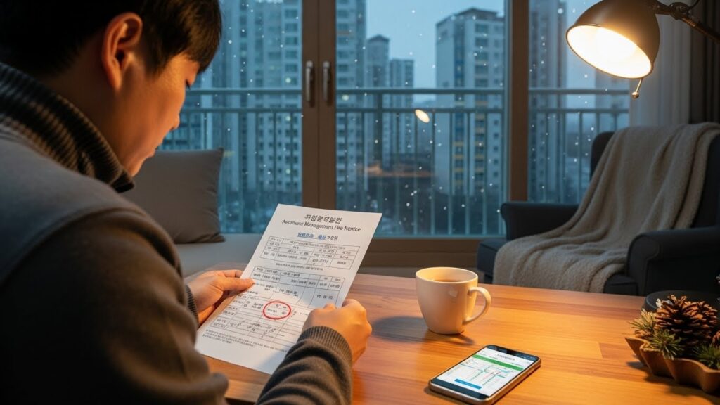 겨울철 아파트 관리비 고지서를 확인하며 난방비 항목을 점검하는 실사 이미지