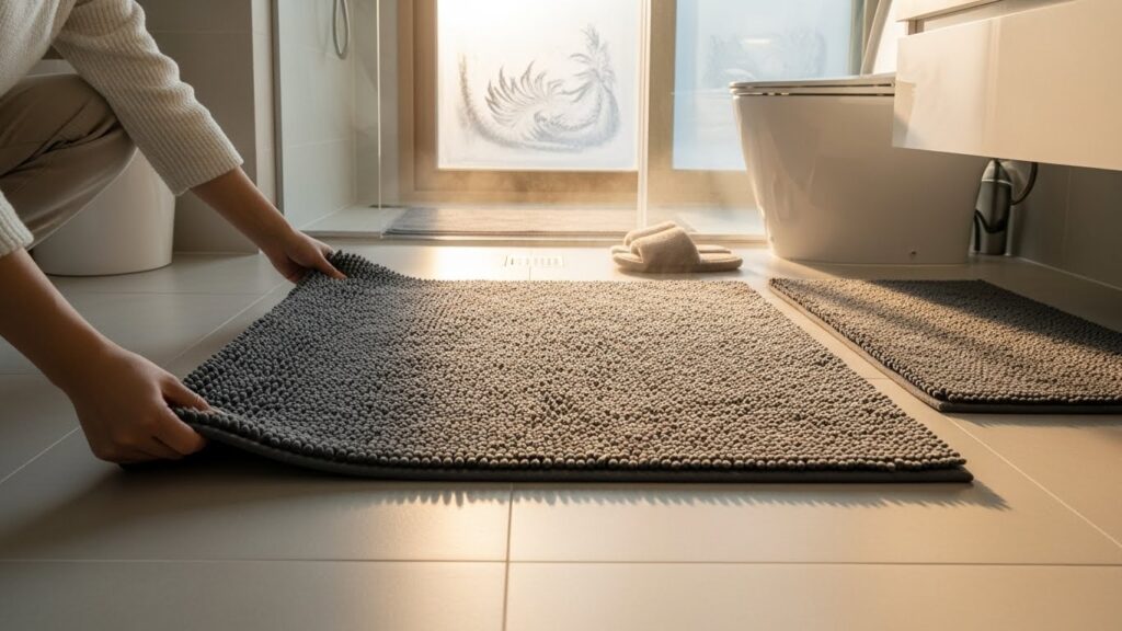 겨울철 욕실 바닥 냉기를 줄이기 위해 두꺼운 욕실 매트를 깔아 보온하는 실사 이미지
