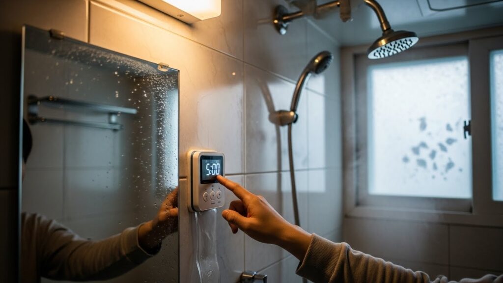 겨울철 욕실에서 샤워 시간을 줄이기 위해 타이머를 설정하는 실사 이미지