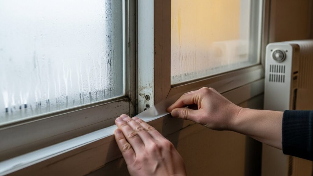 겨울철 창문 틈 외풍을 막기 위해 단열 테이프를 붙이는 실사 이미지