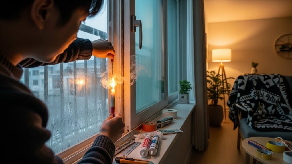 겨울철 창문 틈 외풍을 확인하며 단열 패드를 붙이는 실사 이미지