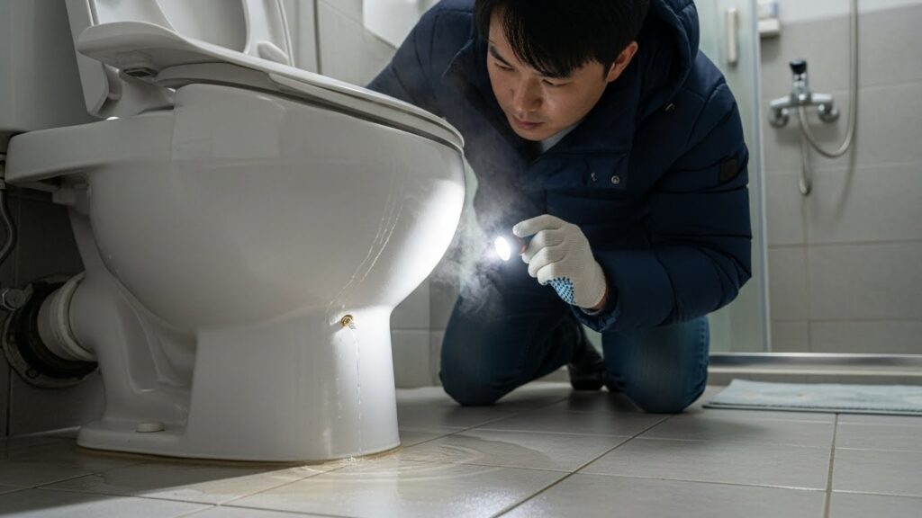 겨울철 화장실 변기 수조 누수를 점검하는 장면의 실사 이미지