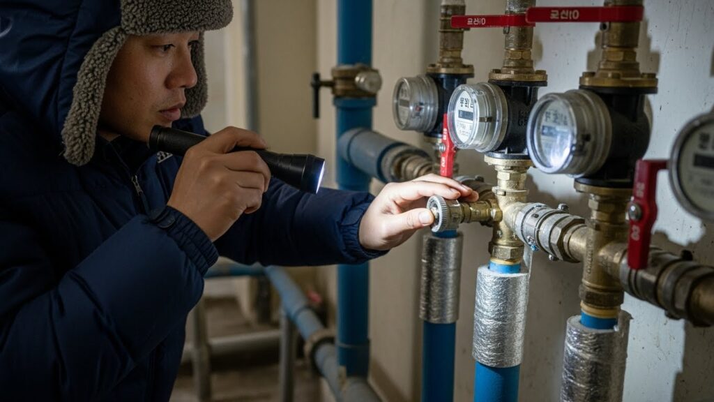 계량기 주변 겨울 동파와 밸브 누수를 점검하는 모습