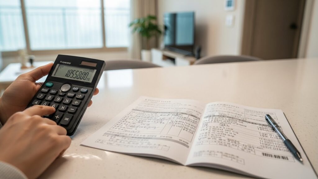 계산기로 전기요금 고지서의 항목별 금액을 하나씩 분리해 적어보는 실사 장면