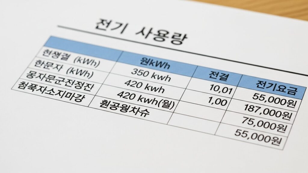 관리비 고지서에서 전기 사용량 kWh 항목을 확인하는 실사 이미지