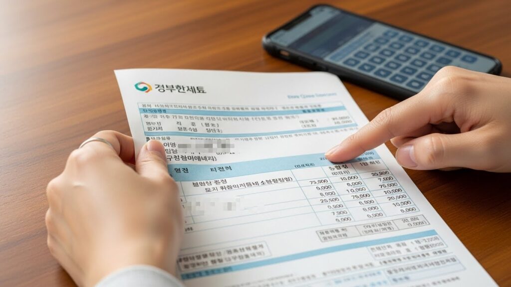 도시가스 요금 고지서를 보며 사용량과 단가를 확인하는 모습