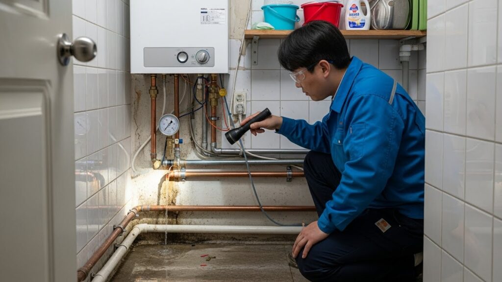 보일러 배관 누수를 점검하는 모습을 담은 실사 이미지