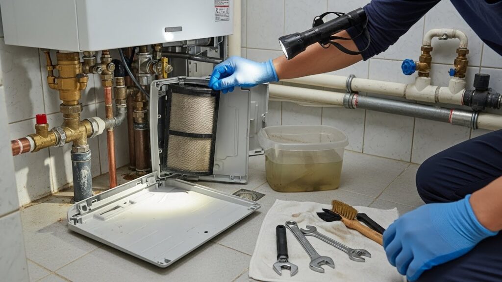 보일러 하단 필터 청소 및 배관 점검 과정