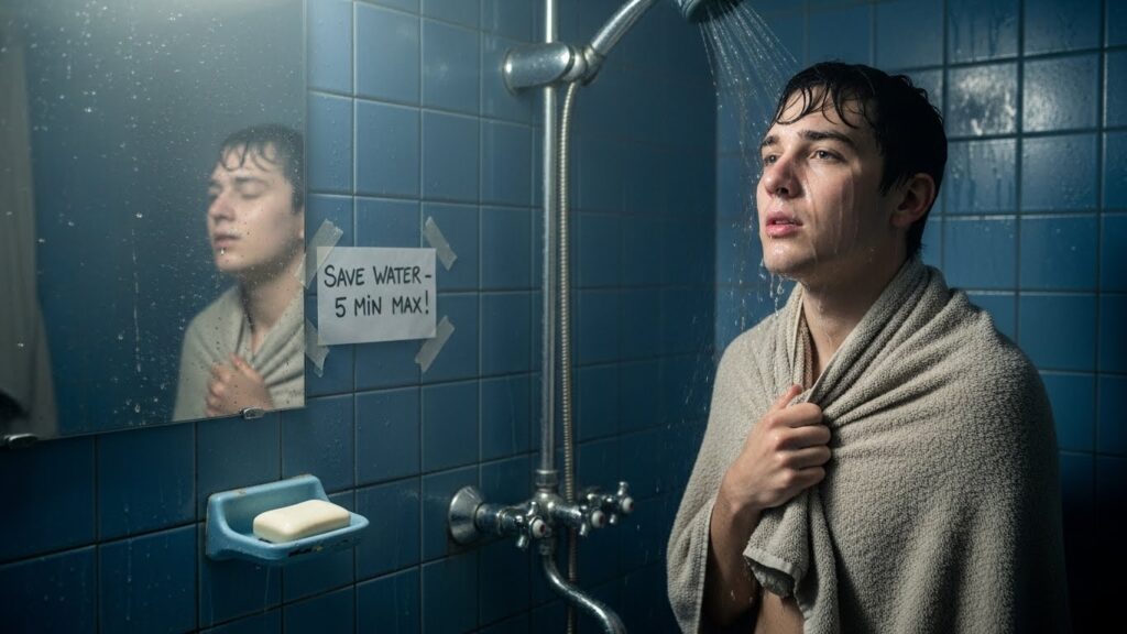 샤워 온수 절약을 위해 샤워 시간을 줄이는 장면