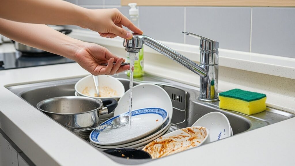 주방 싱크대에서 설거지할 때 온수 사용을 최소화하려고 물 온도를 조절하는 실사 이미지