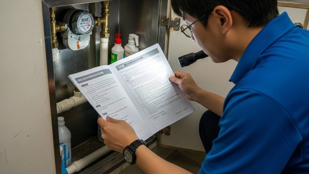 수도 계량기 지침을 확인하며 누수 여부를 체크하는 실사 이미지