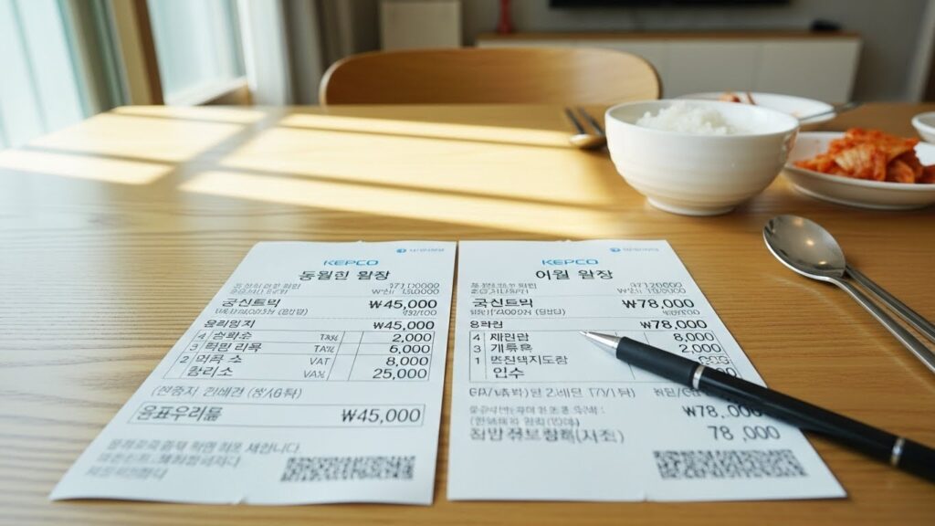 식탁 위에 지난달과 이번달 전기요금 고지서를 나란히 놓고 항목을 비교하는 실사 장면