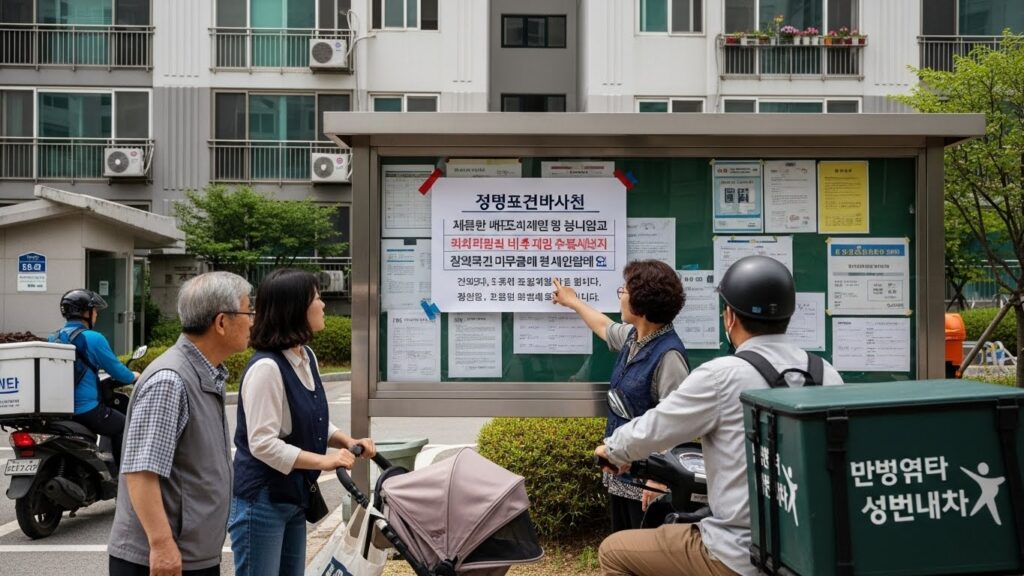 아파트 게시판 공지에서 검침 일정 변경 안내를 확인하는 실사 장면